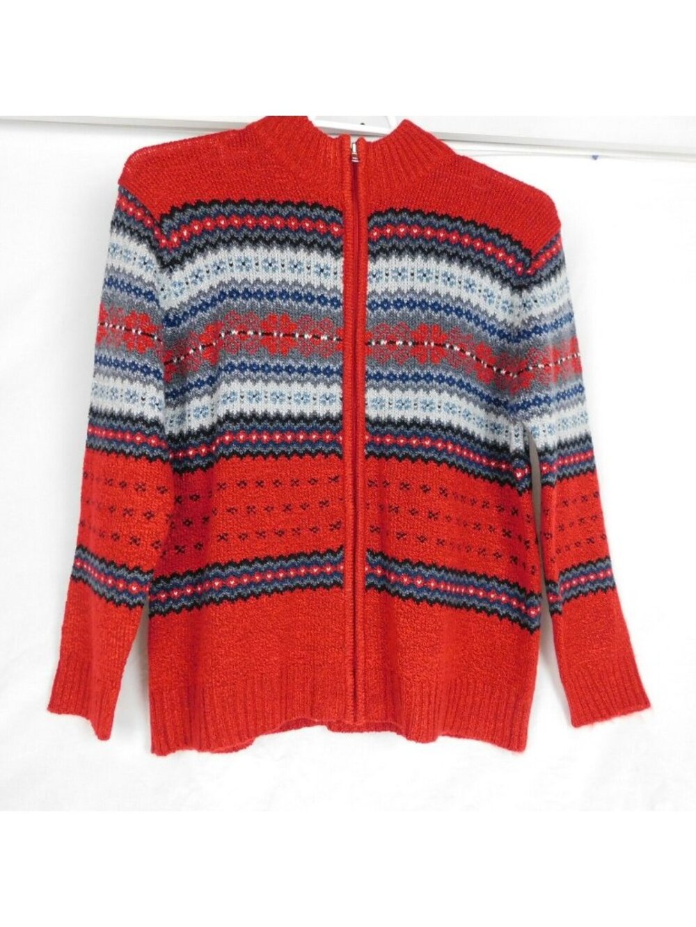 Carolyn Taylor Red Gray Blue Long Sleeve Cardigan Zip Front Sweater Women Size M